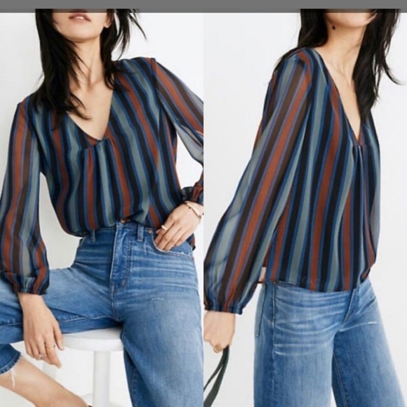 Madewell Academy Stripe Long Sleeved V-neck Top - Picture 1 of 7